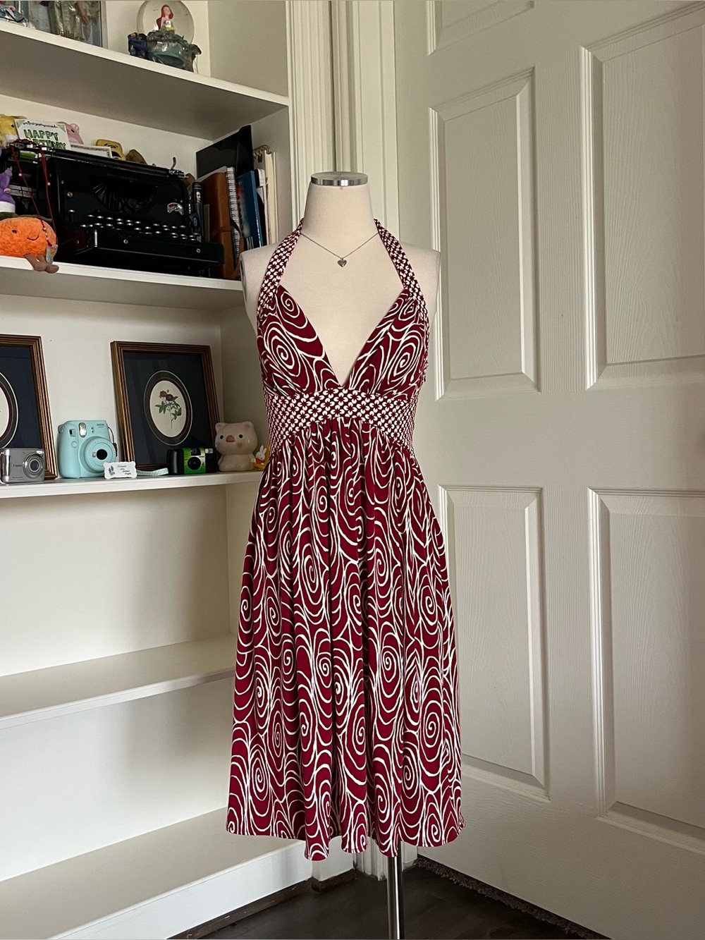 London Times Burgundy and White Halter Swirl Print Dress